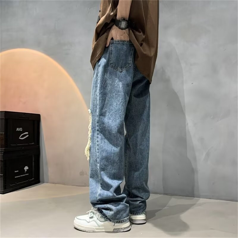 streetwear jean femme baggy wide leg denim Jeans for men Man casual pants Men's jeans ripped hole Male trousers mens pantalon