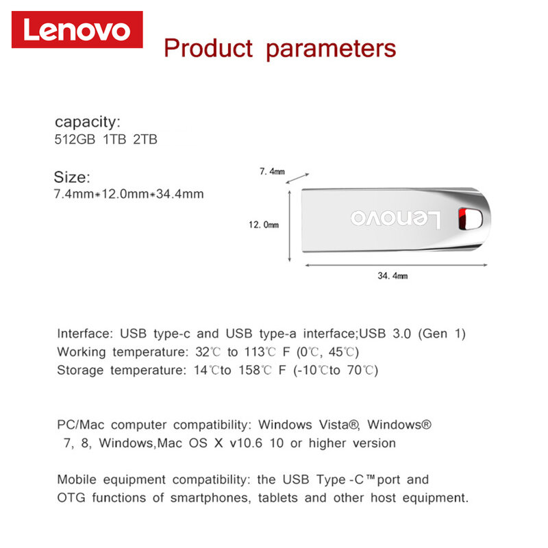 لينوفو-Mini عالية السرعة معدن بندريف ، USB 3.0 محركات أقراص فلاش ، محرك أقراص محمول ، تخزين الذاكرة مقاوم للماء ، محرك الأقراص يو ، 1 تيرا بايت ، 512GB ، 2 تيرا بايت