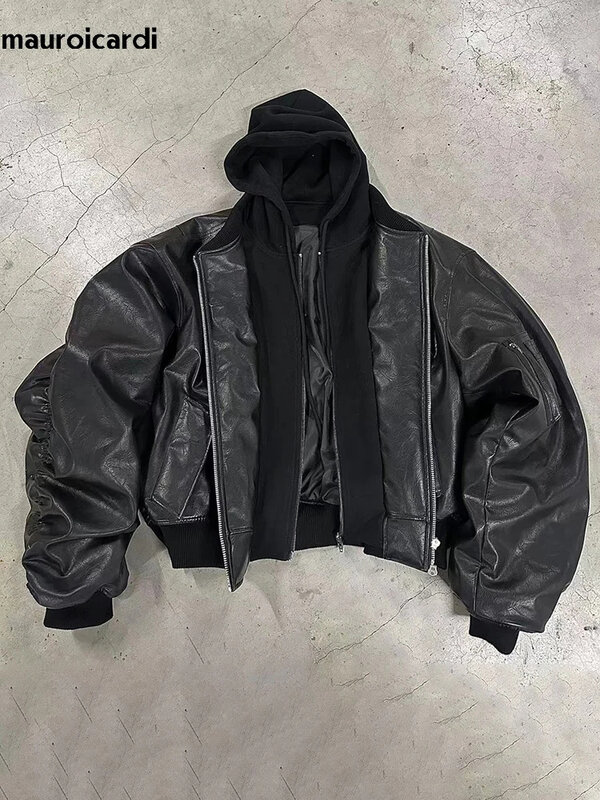 Matrouicardi-أسود بولي Leather جلدية Bomber سترة للرجال ، سميكة ودافئة ، هود المتضخم ، ملابس مصمم الفاخرة ، وهمية 2 الملابس ، الخريف والشتاء