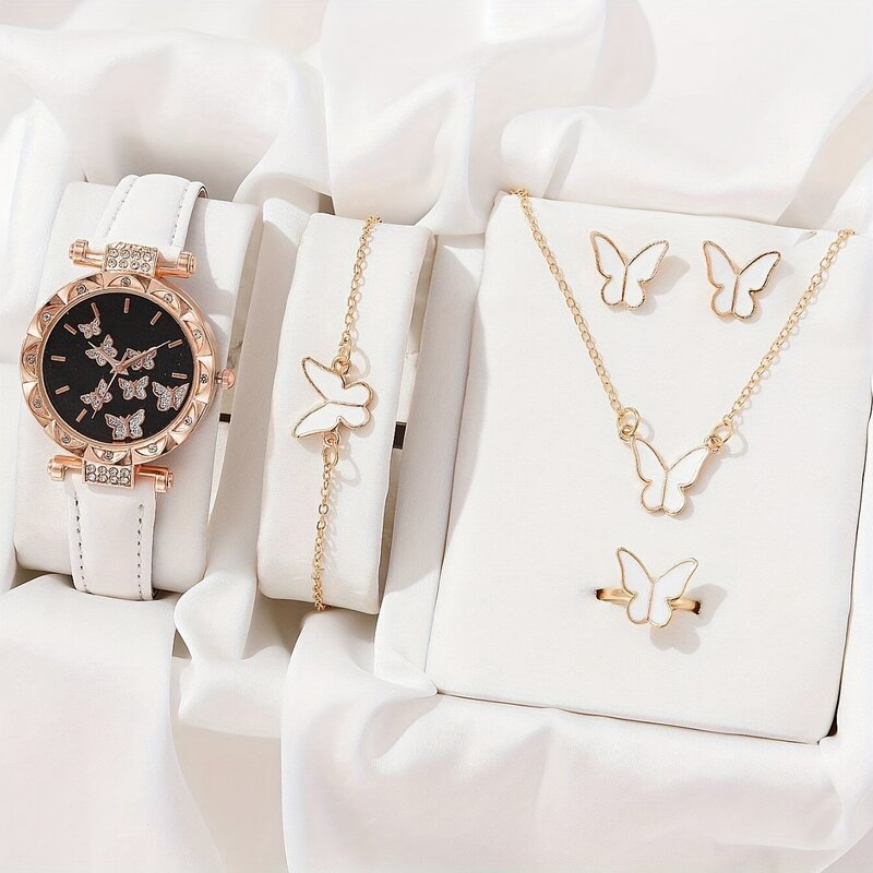 ساعة كوارتز فراشة متألقة ، مجموعة مجوهرات مطلية بالمينا للفتيات ، سبيكة زنك متينة ، بريق عصري ، 5 قطع