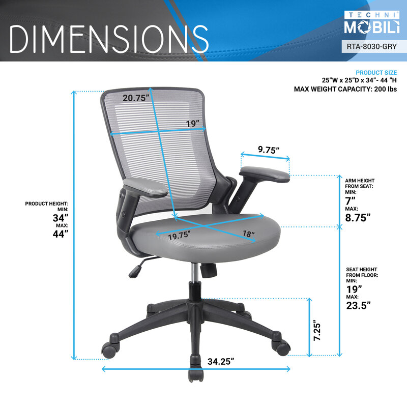 كرسي مكتب مهام شبكي بظهر متوسط موبيولي بارتفاع قابل للتعديل ، كرسي مريح لتعزيز الدعم والإنتاجية ، رمادي