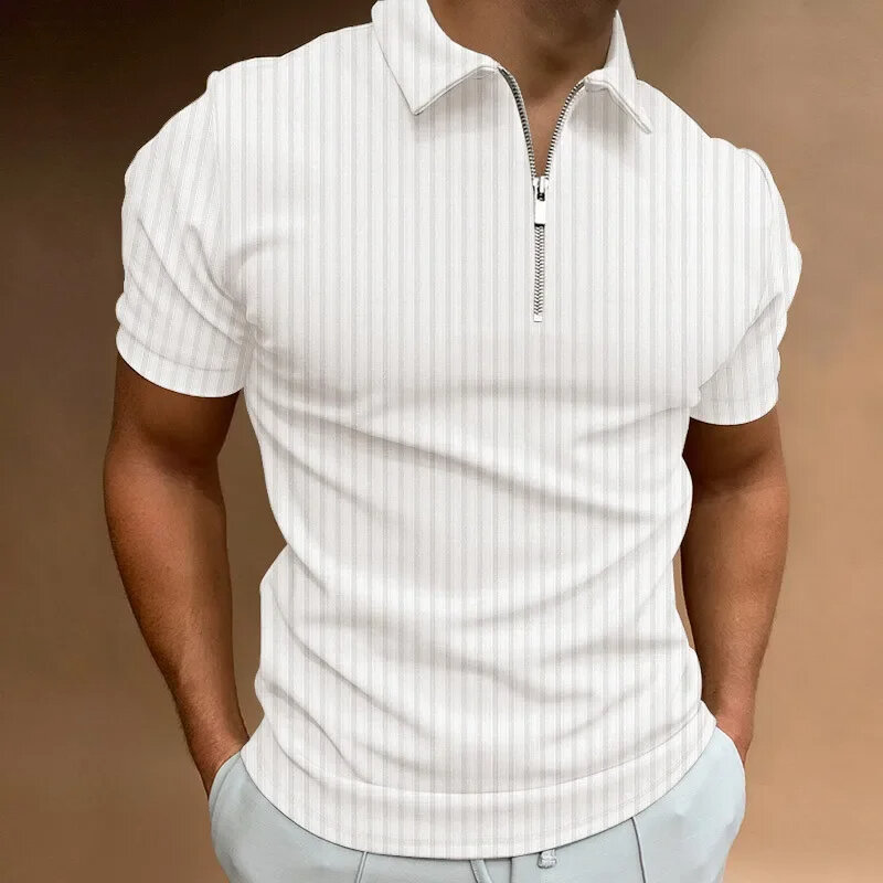 قميص بولو ضيق بأكمام قصيرة للرجال ، تيشيرت أحادي اللون ، سحاب مخطط ، توبات غير رسمية ، موضة صيفية ،
