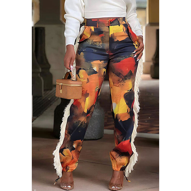 سراويل ساتان كاجوال متعددة الألوان مع جيب ، مقاس كبير ، زركشة يومية ، خريف ، شتاء