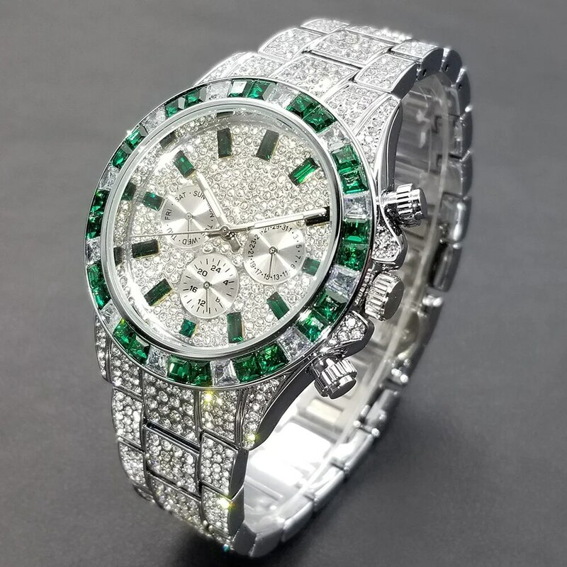 MISSFOX الهيب هوب التقويم ساعة للرجال Stylsih الجليد خارج الأخضر الماس الذكور الساعات التلقائي تاريخ مقاوم للماء ساعة اليد 2022 جديد