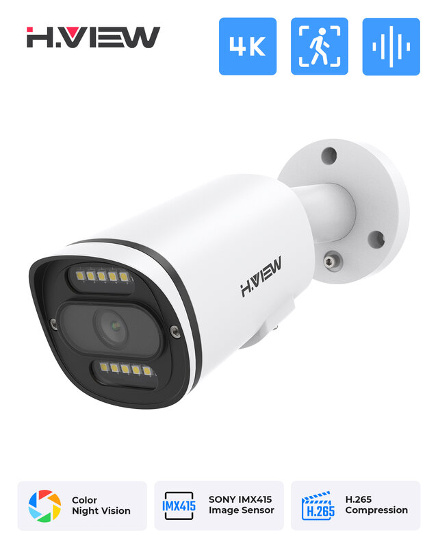 H.View كامل اللون للرؤية الليلية 8Mp Poe Ip كاميرا 4K Cctv كاميرات الأمن 6Mp في الهواء الطلق الصوت والفيديو للمراقبة لنظام Nvr