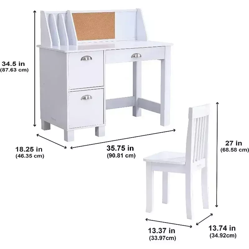 مكتب خشبي للأطفال ، طاولة دراسة مع كرسي ، لون أبيض