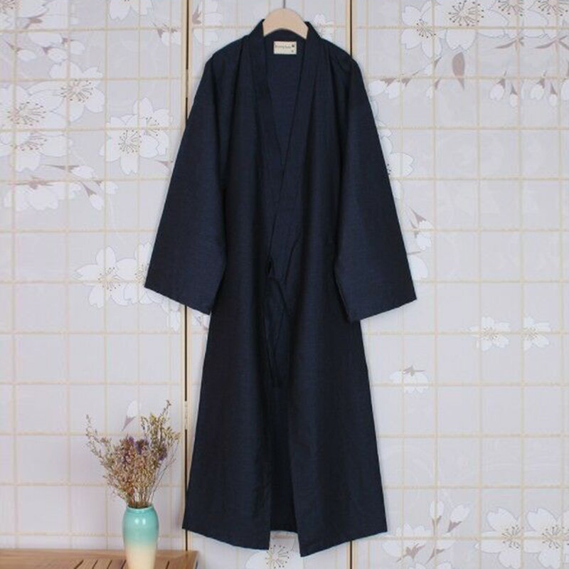 رداء حمام ياباني طويل الأكمام للرجال من Yukata مصنوع من القطن ، بيجامة صلبة ، رداء منزلي ، رداء للاستلقاء ، لباس نوم غير رسمي