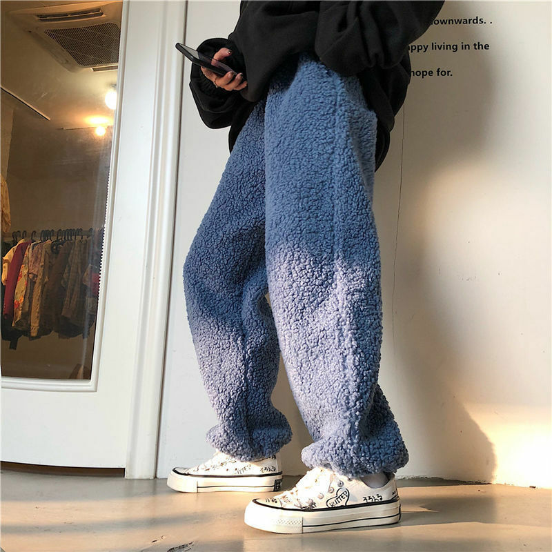 المرأة خروف رقيق دافئ سميكة Sweatpants ، Harajuku ، واسعة الساق ، الحريم السراويل ، فضفاض ، عادية ، بنطلون مستقيم ، النمط الكوري ، الشتاء