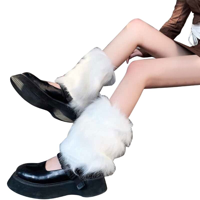 النساء الفتيات Harajuku فو الفراء تدفئة الساق الشتاء بلون فروي الأحذية الأصفاد F3MD