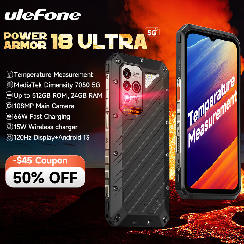 Ulefone-درع قوي 18 Ultra 5G هاتف متين ، GB ROM + 24GB RAM ، Android 13 ، 50 "، 50 هرتز ، 108 ميجابكسل ، mAh ، 66 واط ، NFC