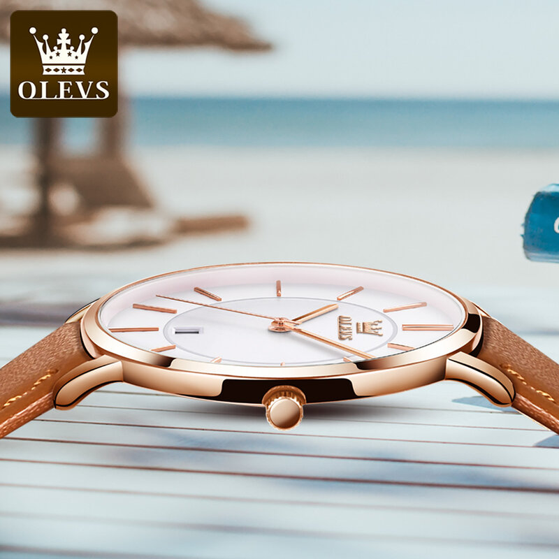 ساعة أوليفس كوارتز رقيقة جدا للرجال ، حزام جلدي أصفر ، تقويم مقاوم للماء ، ساعات رياضية ، موضة