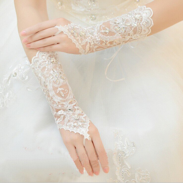 قفازات زفاف دانتيل من حجر الراين بدون أصابع ، إكسسوارات زفاف ، أبيض