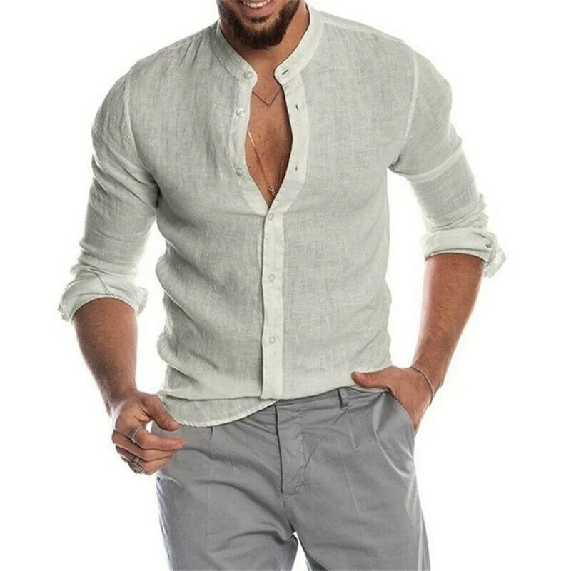 الرجال الموضة عادية بلون قميص البلوز زر القطن الكتان مريحة اليومية قميص طويل الأكمام تي شيرت للرجال