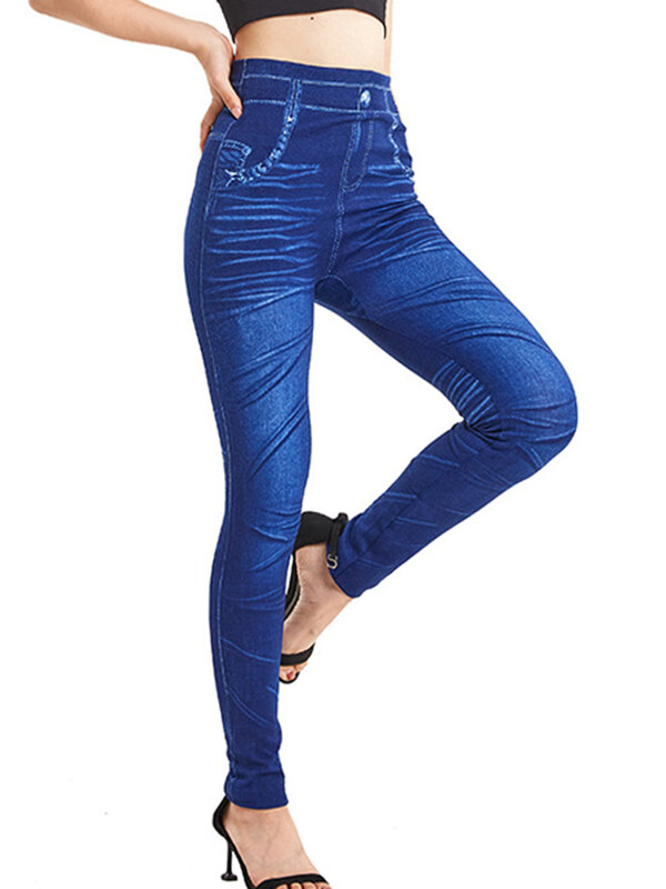 جينز نسائي مطاطي أزرق زائف ، بنطلون طويل ، بنطلون جينز عالي الخصر ، ملابس غير رسمية ، أنيقة