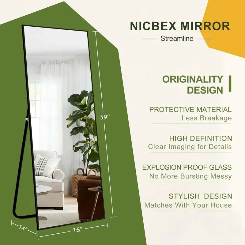 مرآة كاملة الطول للجدار ، إطار من سبائك الألومنيوم ، مرآة زينة كبيرة ، مرآة غرفة النوم ، 59 × 16 بوصة