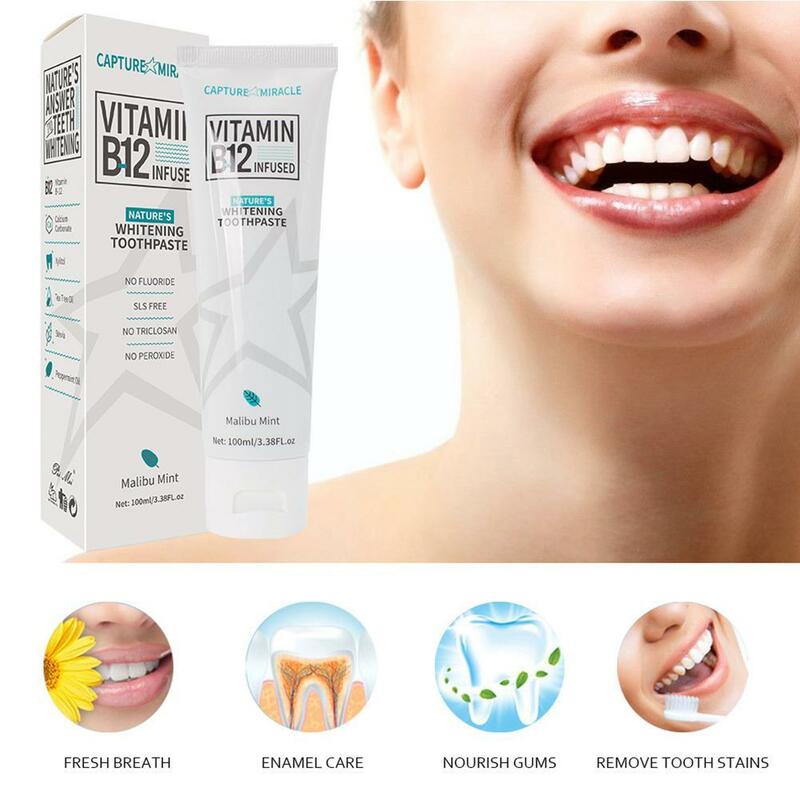 فيتامين B12 تبييض الأسنان معجون الأسنان اللثة إصلاح العناية بالفم تنظيف الصحة النعناع الأسنان النظافة البقع إزالة الجمال التنفس A2P2