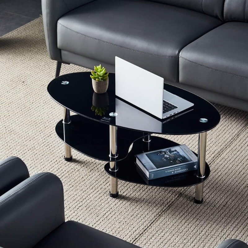 طاولة شاي زجاجية بيضاوية الشكل للمكتب ، 3 طبقات ، طاولة قهوة حديثة ، طاولة نهاية لغرفة المعيشة ، سوداء