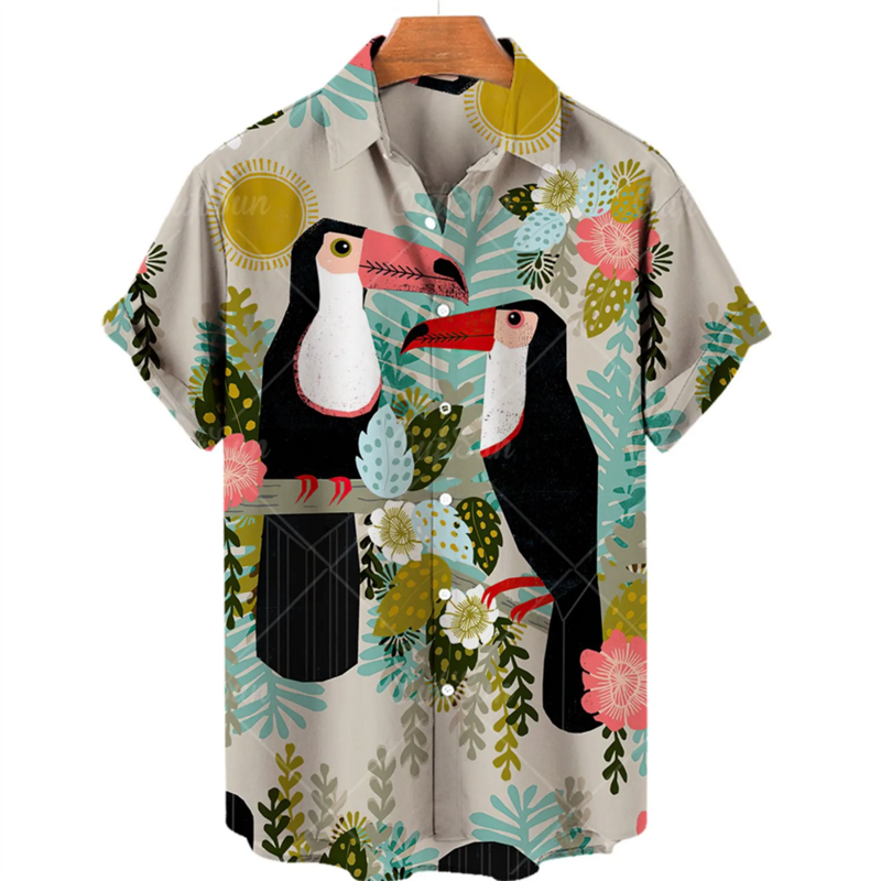 الرجال هاواي الحيوان القط طية صدر السترة قميص ، عارضة مريحة ملابس قصيرة الأكمام ، الصيف