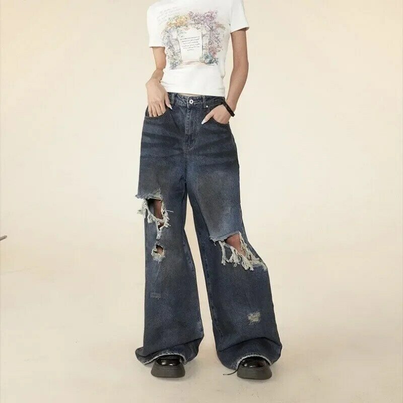 جينز ممزق كبير الحجم ، ملابس الشارع القوطية ، الساق الواسعة ، بنطلون جينز من جلد البقر ، الجرونج ، خمر ، بنطلون عالي الخصر ، أمريكا ، Y2k