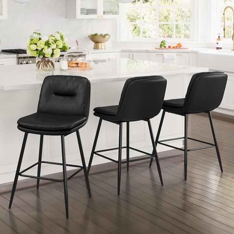 مقاعد بار جلد صناعي مع ظهر ، طبقة مزدوجة ، منجد ، ارتفاع الطاولة ، جزيرة المطبخ ، مجموعة من 3