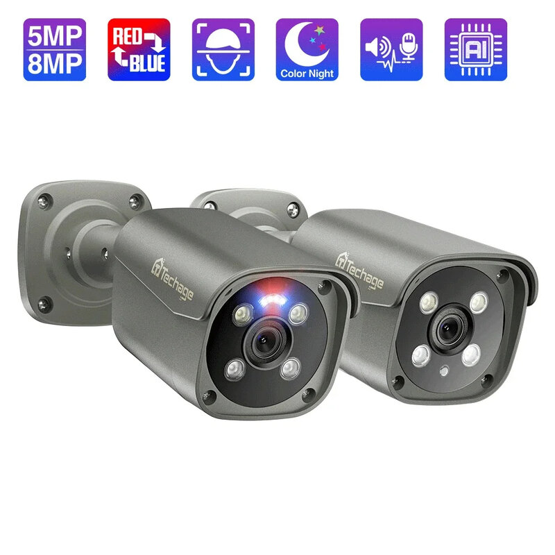 كاميرا Techage UHD بدقة 4K بدقة 8 ميجابكسل بدقة 5 ميجابكسل كاميرا POE الأمنية الذكية بتقنية الذكاء الاصطناعي والكشف البشري عن الصوت في اتجاهين كاميرا IP CCTV للمراقبة بألوان ليلية