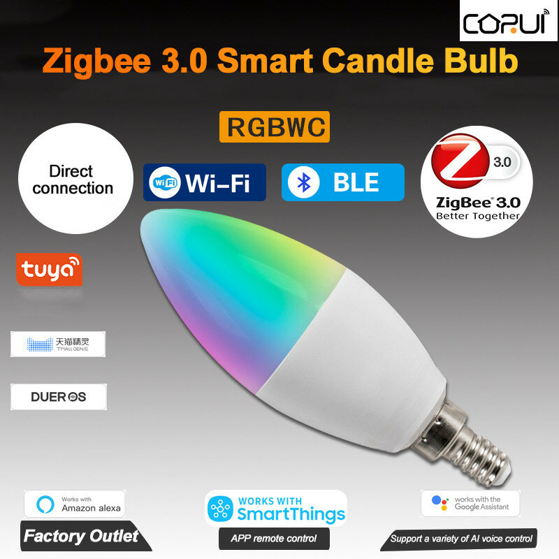 CORUI Tuya زيجبي E14 E12 الذكية شمعة لمبة RGBCW 5 واط LED مصباح smartarts التحكم عن بعد متوافق مع أليكسا جوجل الرئيسية