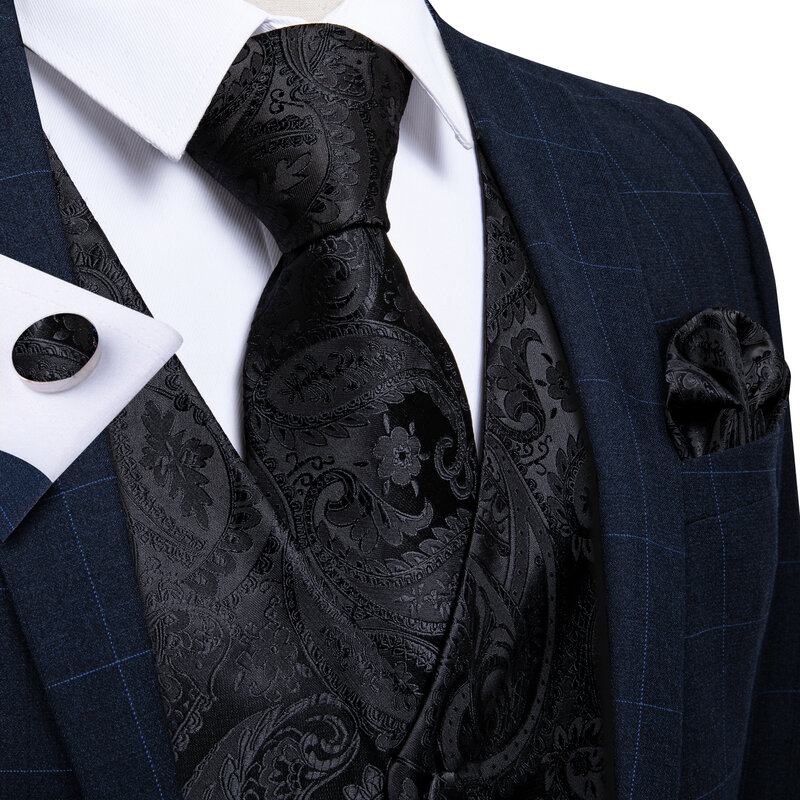 الرجال الأسود بيزلي سترة ربطة العنق ربطة العنق جيب ساحة أزرار أكمام فستان مجموعة كلاسيكي 5 قطعة الأعمال صدرية للرجل