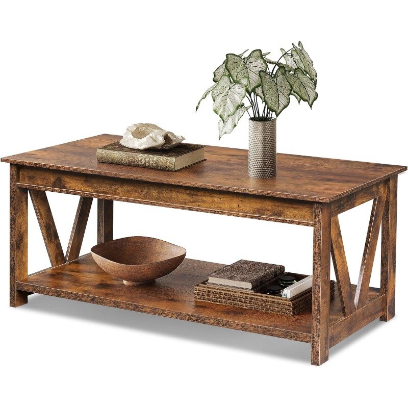 طاولة قهوة بمزرعة مع مخزن ، طاولة مركزية خشبية بإطار على شكل حرف V ، غرفة معيشة وشقة ، 43 بوصة