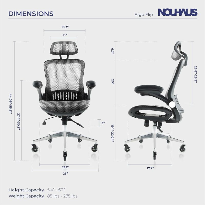 كرسي كمبيوتر شبكي من Nouhaus-ergofflip ، مكتب لف رمادي ، مسند ذراع قابل للطي ، كرسي مكتب بعجلات حلاقة