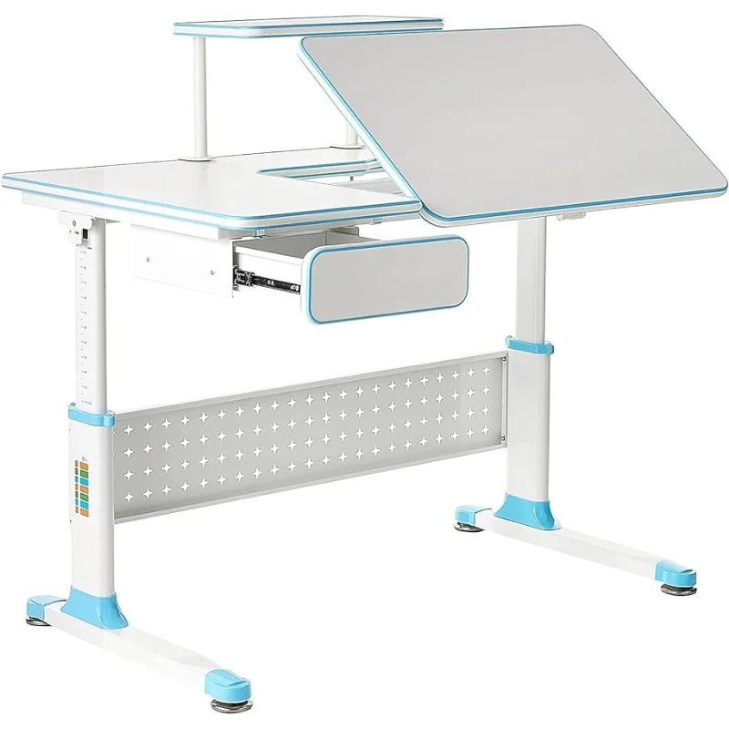 طاولة للأطفال بارتفاع قابل للتعديل ، رف كتب ودرج ، مكتب أزرق ، سلسلة DX ، متكاملة