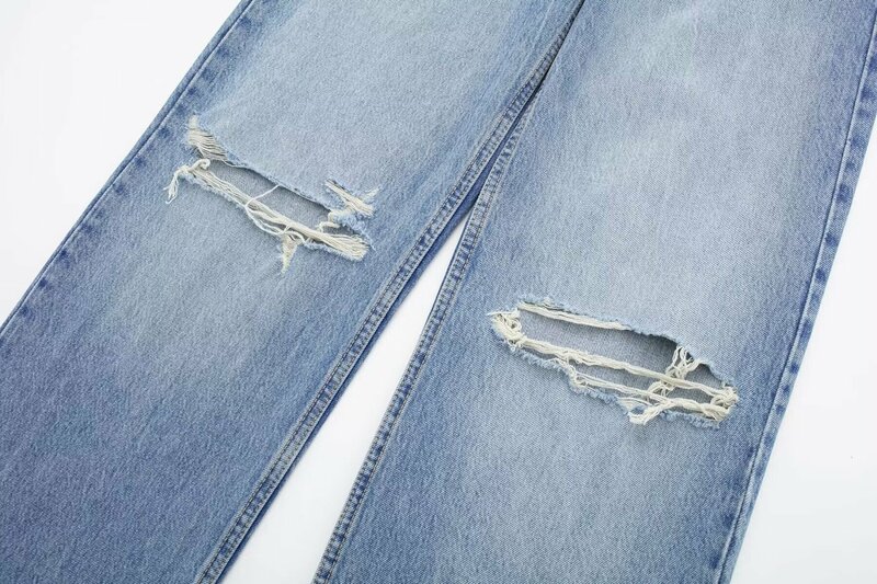 جينز نسائي بأرجل واسعة مع فتحات ، سراويل جينز نسائية ، أنيقة ومتعددة الاستخدامات ، خصر مرتفع ، سحاب ، ريترو ، جديد ، 24