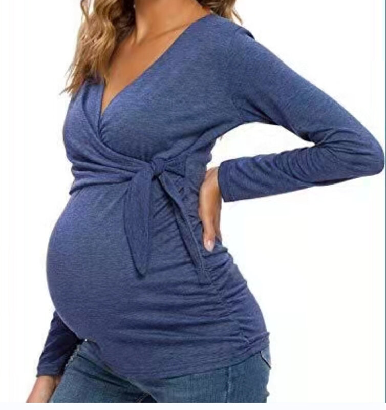 ملابس الأمومة تي شيرت قميص ملابس الأمومة الربيع والخريف بلوزات الرضاعة الطبيعية الخامس الرقبة مثير القمم النساء الحوامل الرضاعة الطبيعية