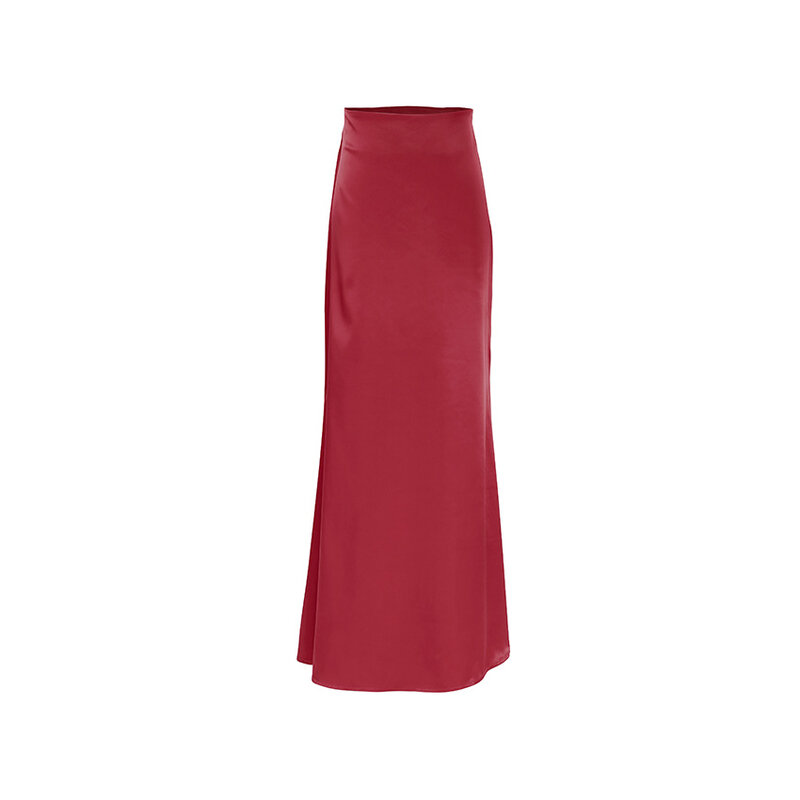 تنورات ساتان حمراء فضفاضة غير رسمية للنساء ، تنورة طويلة أنيقة عالية الخصر ، ملابس نسائية حريرية بسيطة ،