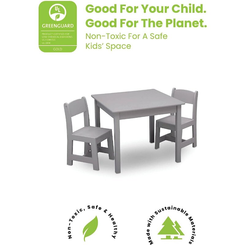 مجموعة طاولة وكرسي خشبية للأطفال ، معتمدة من Greenguard Gold ، رمادي ، للأطفال ، وشملت 2 كراسي ، مجموعة 3 قطعة