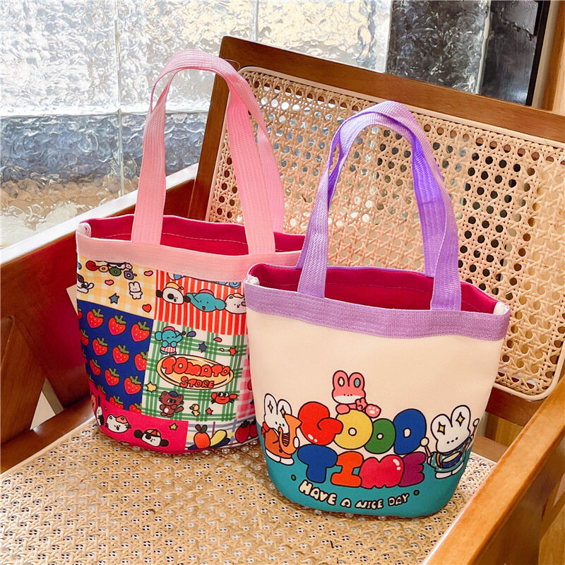 حقيبة دلو بطباعة كرتونية جميلة ، حقيبة حمل قماشية محمولة ، حقيبة غداء للطلاب ، حقيبة يد أسطوانية