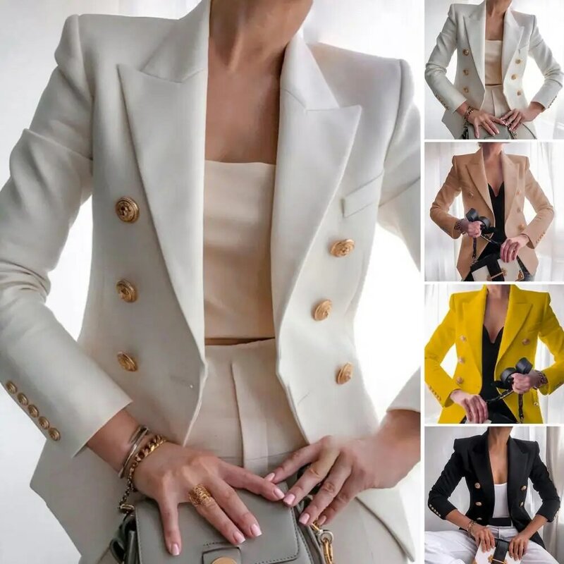 سترة مزدوجة الصدر للنساء ، معطف بدلة أحادية اللون ، تصميم طية صدر كلاسيكي ، تناسب فضفاض ، ملابس عمل غير رسمية