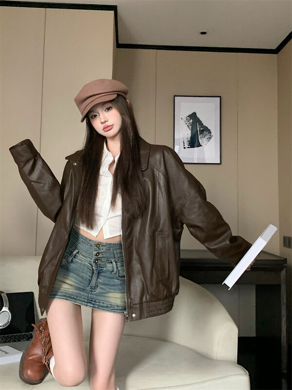 بولي PU سترة جلدية فو للفتيات ، معطف Vintage ، تصميم فضفاض ، بأكمام طويلة ، سستة حتى ، أزياء Boyfriend ، الكورية
