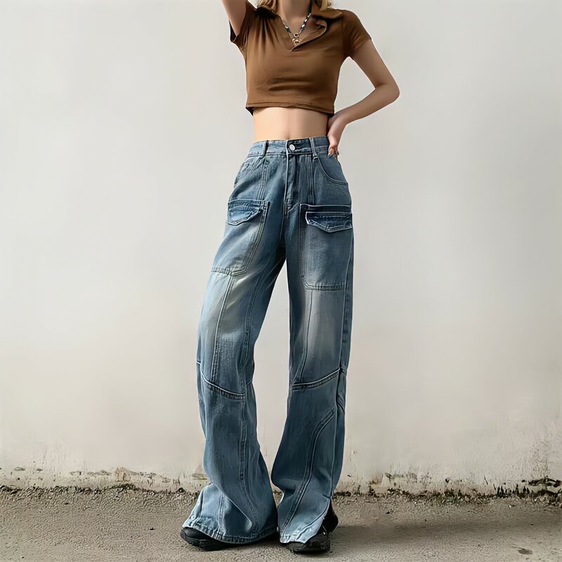 موضة بنطال ذو قصة أرجل واسعة كبيرة الحجم الجينز النساء الشارع الشهير Y2k البضائع السراويل الصيف النمط الأمريكي عالية الخصر سراويل جينز خمر