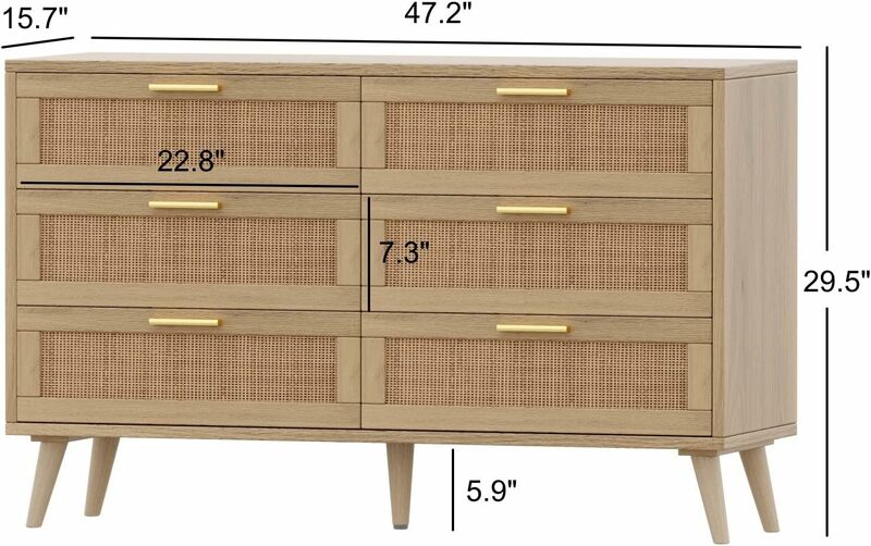 Rovaurx-خزانة مزدوجة لغرفة النوم ، خزانة من الراتان ، صندوق خشبي حديث مع مقابض ذهبية ، 6 درج