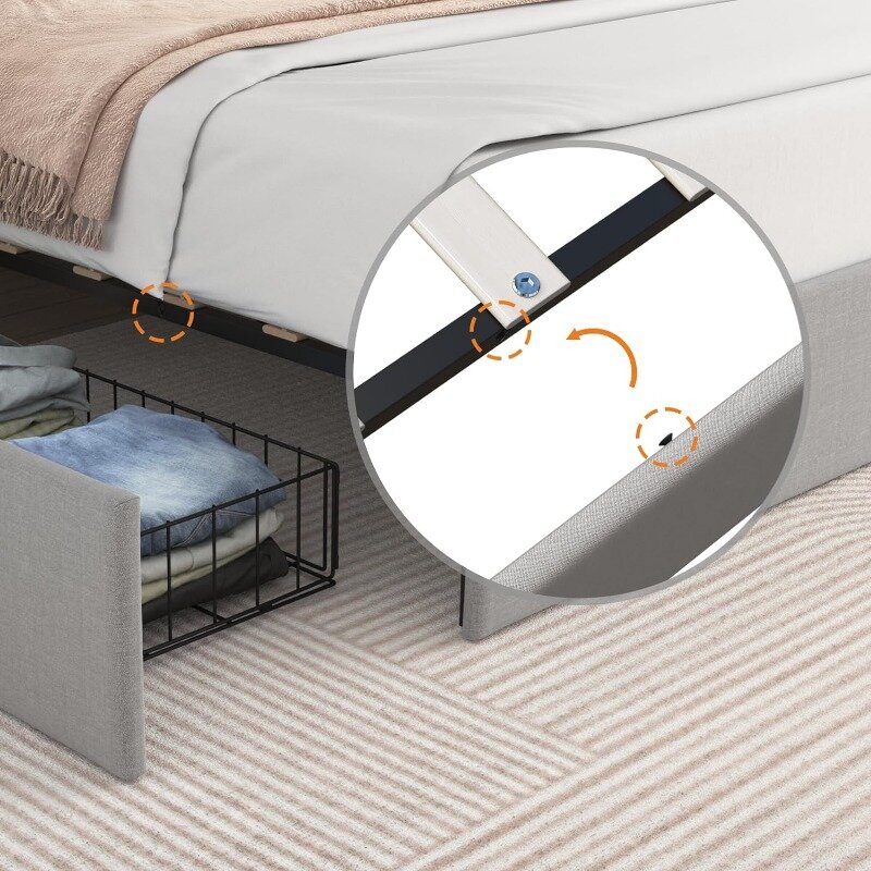 إطار سرير كوين منجد مع 4 أدراج تخزين ولوح أمامي قابل للتعديل ، دعم قوي من شريحة الخشب ، إطار سرير بمنصة