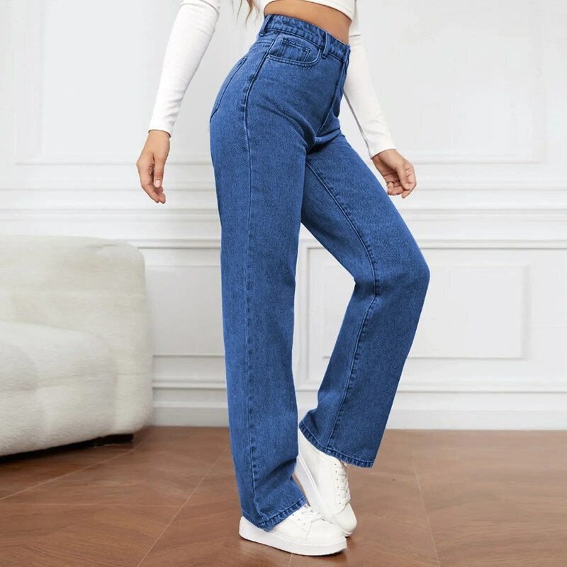 بنطال جينز نسائي مطاطي مغسول ، جينز مستقيم الساق ، بنطلون عالي الخصر ، أحادي اللون ، كلاسيكي ، كاجوال ، عصري ، متعدد الاستخدامات