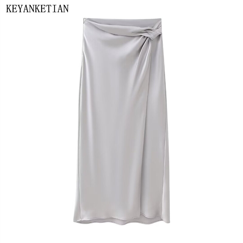 Keyanketian-تنورة متوسطة الطول من نسيج الساتان للنساء ، سحاب أنيق ، تنورة كاحل عالية الخصر ، إطلاق جديد ،