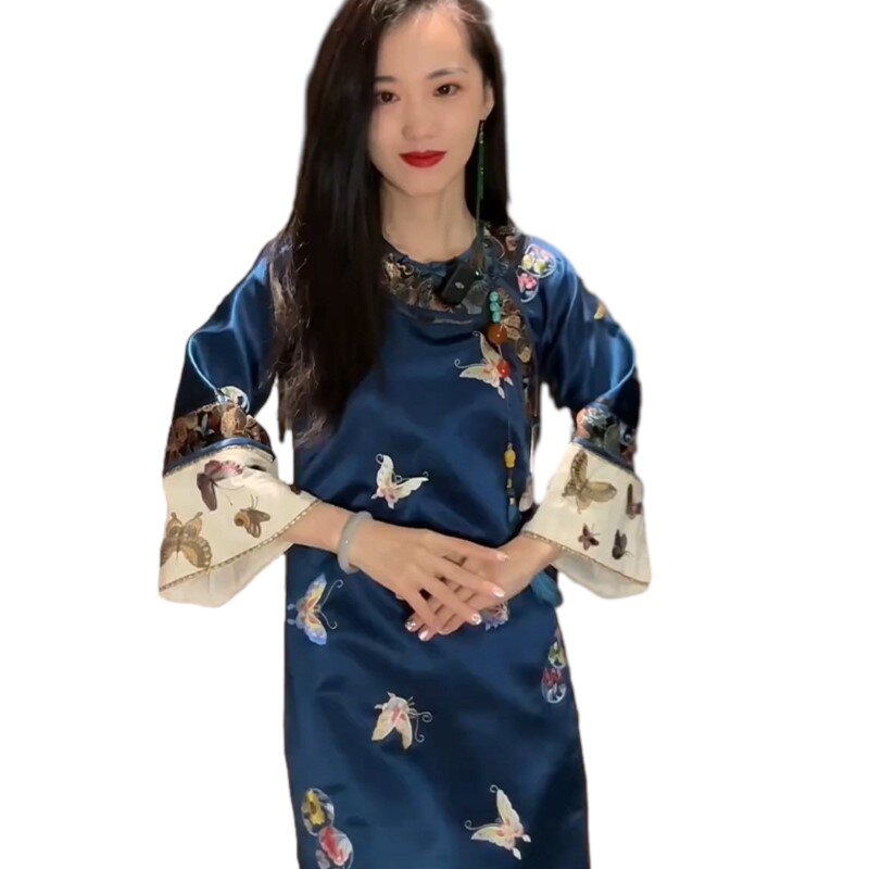شيونغسام على الطراز الصيني للنساء ، فستان أزرق طويل ، عصري ، أنيق ، جديد