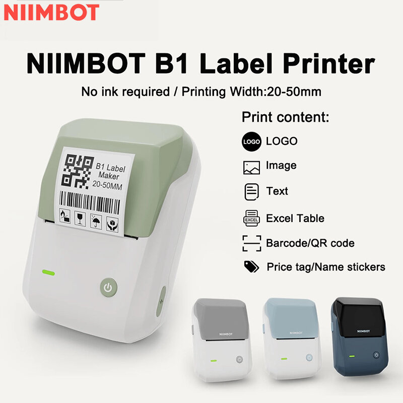 طابعة الملصقات الإنجليزية Niimbot B1 ، طابعة حرارية محمولة باليد ، باركود صغير ، رمز الاستجابة السريعة ، ورق لاصق ، كابل صانع لفات الألوان