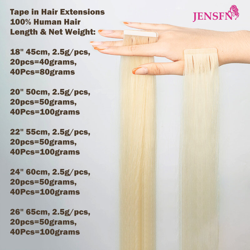 JENSFN-شريط لاصق في وصلات الشعر ، شعر بشري حقيقي ، ريمي ، طبيعي ، جلد PU مستقيم ، لحمة للصالون ، 16 "-24" ،