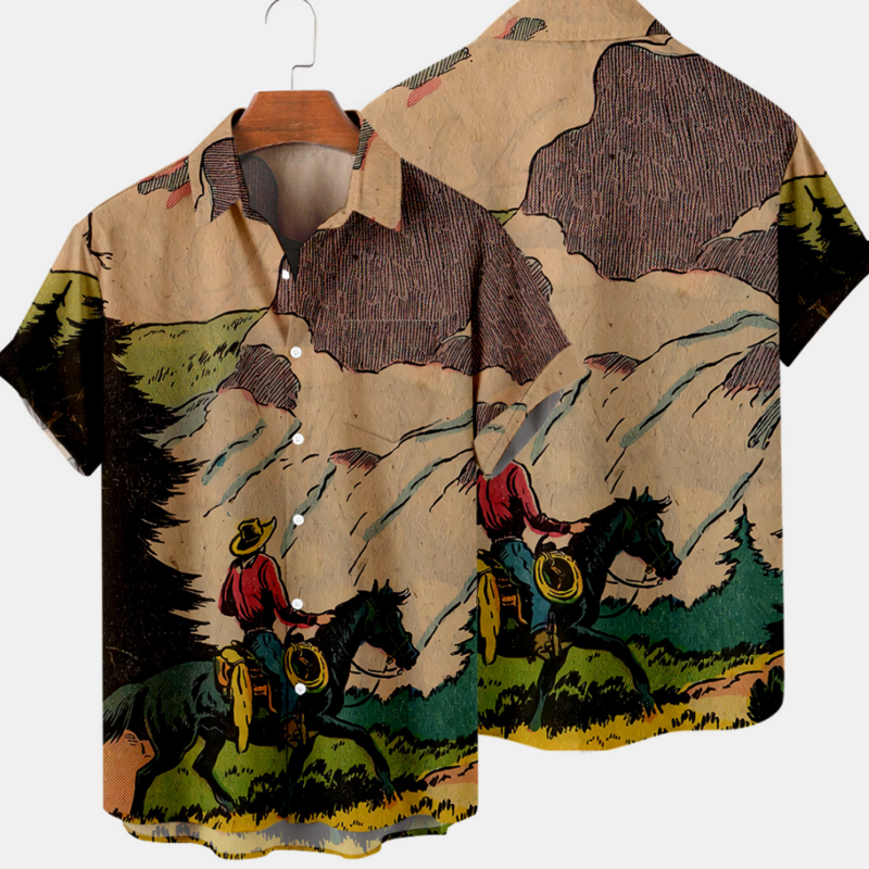 هاواي كاوبوي قميص رجالي كول ثلاثية الأبعاد الطباعة الرقمية حجم كبير الرجال أمريكا الغربية مع جيب Outerwear نمط الصيف ملابس خارجية