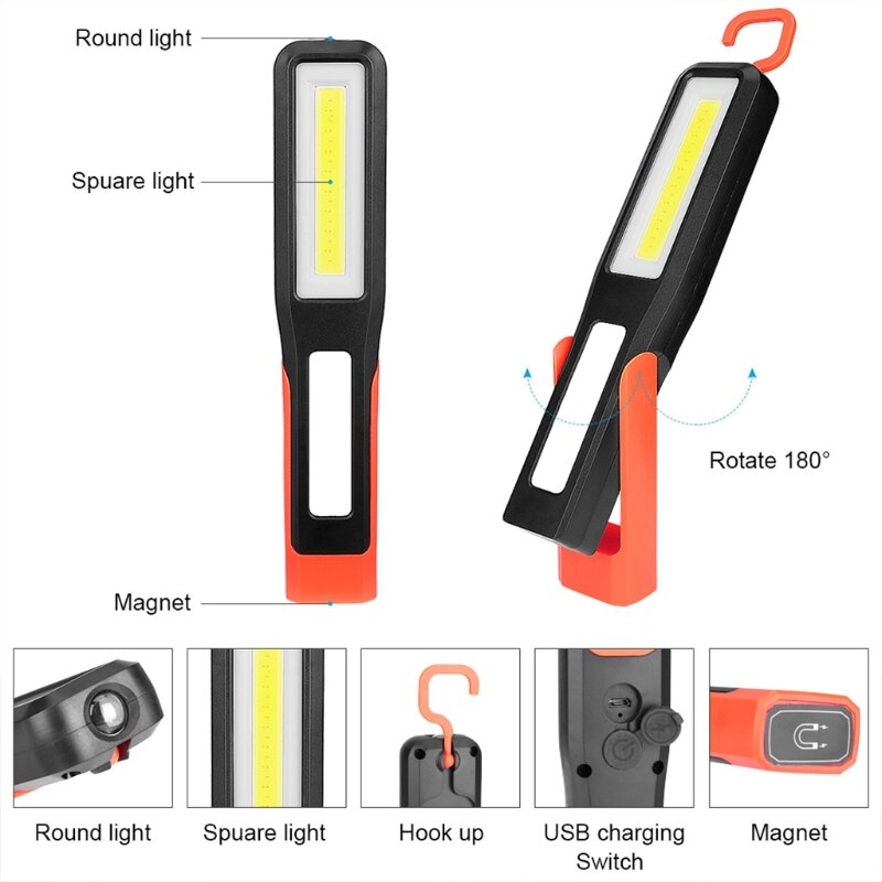 COB العمل التفتيش ضوء USB شحن LED الشعلة خطاف دوار المغناطيسي مصباح يدوي لصيانة إصلاح سيارة مخيمات