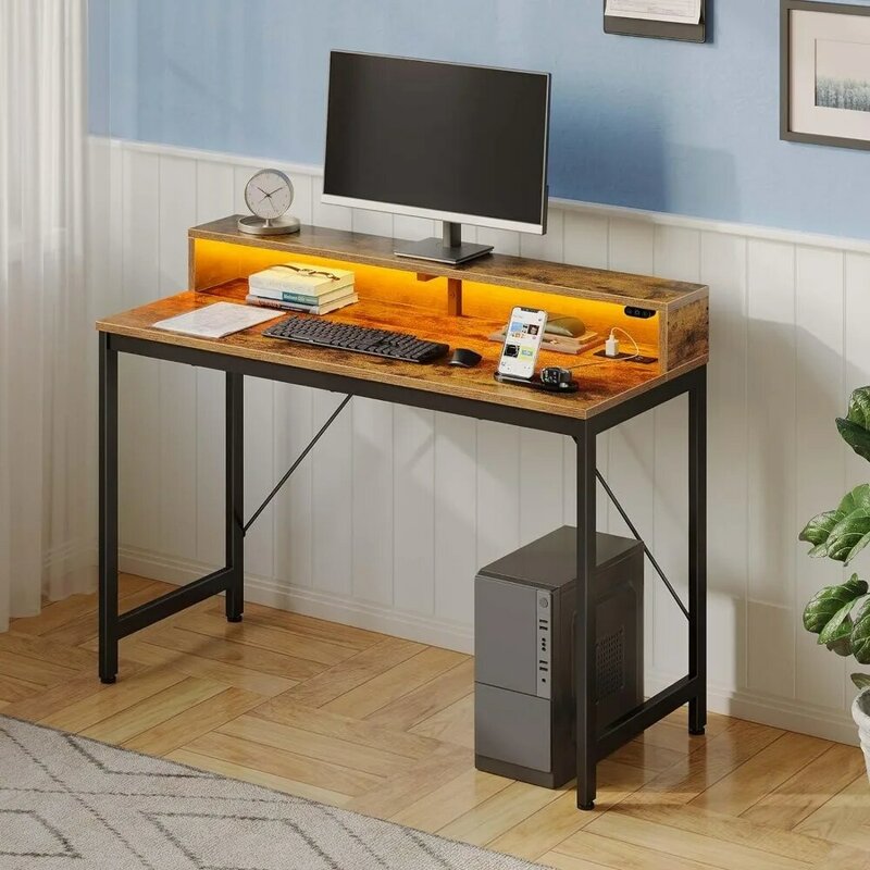 رولانستار-مكتب كمبيوتر مع أضواء ليد ومنافذ طاقة ، مكتب منزلي مع رف شاشة ، مكتب ألعاب ، 47 بوصة