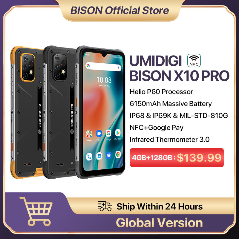 هاتف UMIDIGI BISON X10 Pro IP68 & IP69K الإصدار العالمي هاتف ذكي NFC 4GB 128GB Helio P60 ثماني النواة 6.53 "20MP كاميرا ثلاثية 6150mAh