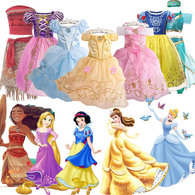 زي فستان أميرة ديزني للفتيات ، حسناء ، سندريلا ، أرلو ، رابونزيل ، موانا ، سنو وايت ، ثوب تأثيري ، أزياء 2-10 سنوات